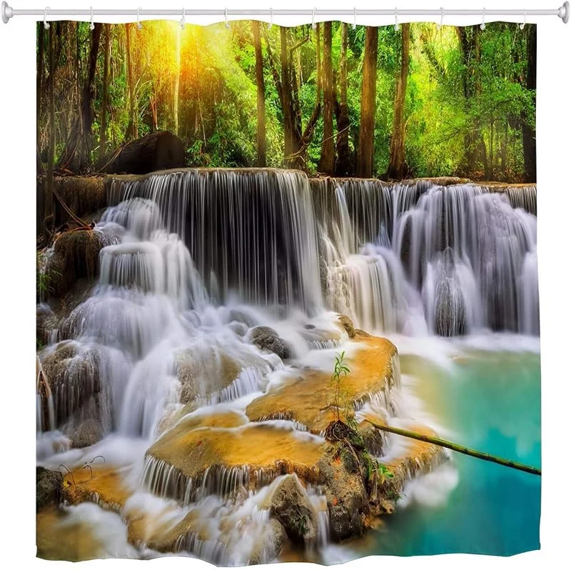 Marke: A.Monamour A.Monamour Duschvorhang Thailand Kanchanaburi Wasserfall Blauen See Wasser Natur Wald Bäume Drucken Wasserdichtes Gewebe Bad Vorhang Polyester Duschvorhang Mit Haken Ringe 150x180 cm, 60"x 72" — Geschenkverpackung