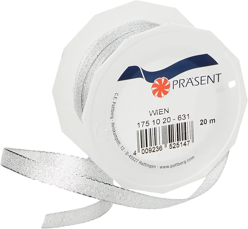 Besuche den PRÄSENT-Store PRÄSENT C.E. Pattberg Wien Geschenkband Silber, 20 m Geschenkband zum Einpacken, 10 mm Breite, Zubehör zum Dekorieren & Basteln, Dekoband für Geschenke — Geschenkverpackung