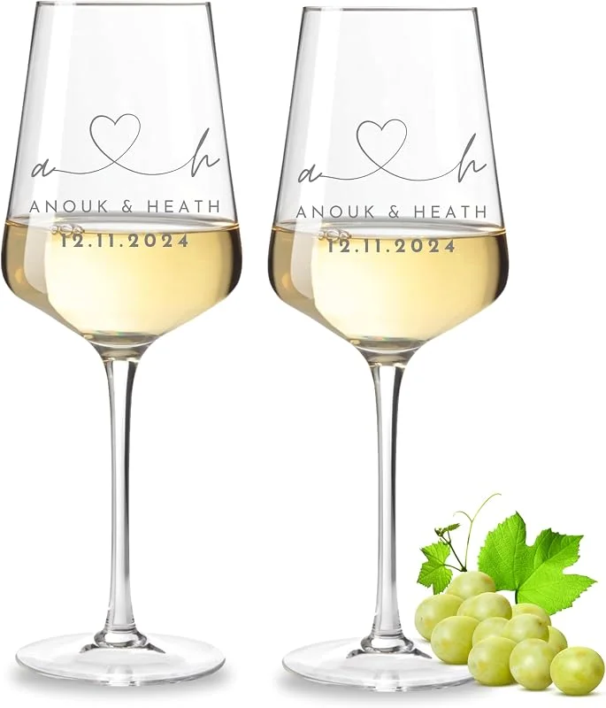 Besuche den VILLA ROSA LOTTA-Store VILLA ROSA LOTTA - Leonardo Weinglas 2er Set mit Gravur - Hochzeitsgeschenke für Brautpaar, Personalisiertes Geschenk zur Hochzeit, Verlobung, Jahrestag mit Name und Datum, Initialen — Wein und Festtafel