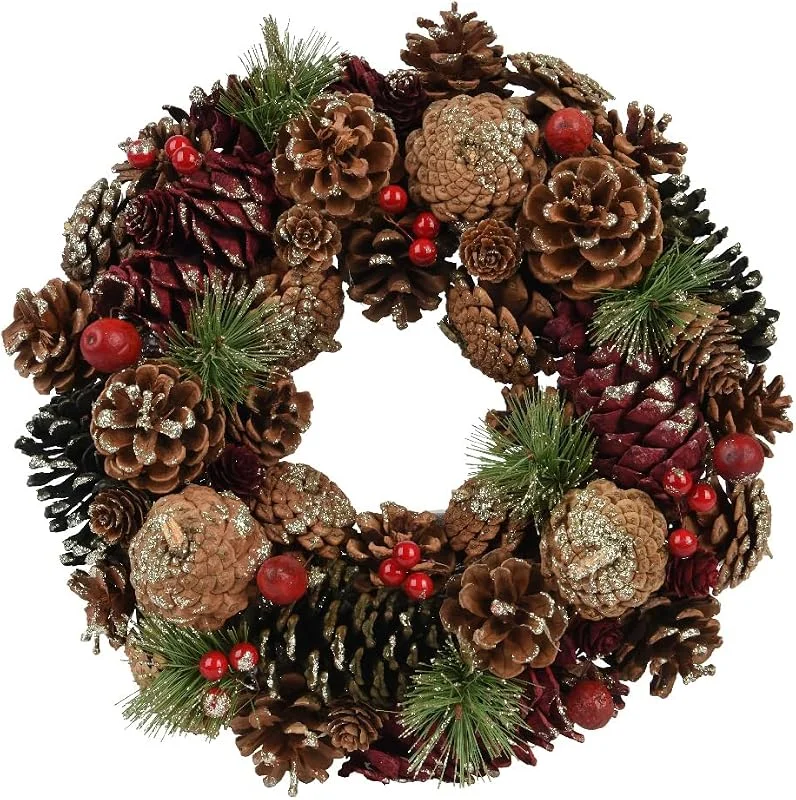 Marke: Kaemingk Christmas Decorations Weihnachtskranz 33cm Zapfen mit Glitzer 1 Stück - Deko Kranz für Winter und Weihnachten - Zapfenkranz Dekokranz Türkranz Wandkranz - Winterdeko Weihnachtsdeko - Braun Rot