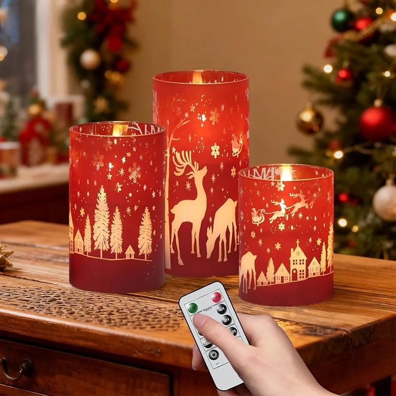 Marke: DRomance Flammenlose Weihnachtskerzen, batteriebetrieben, mit 10-Tasten-Fernbedienung und Timer, 3D-Docht, flackerndes galvanisiertes Glas, Rentier, LED-Kerzen, Innen-Urlaubsdekorationen (rot, 7, 6 cm — Weihnachtsbeleuchtung