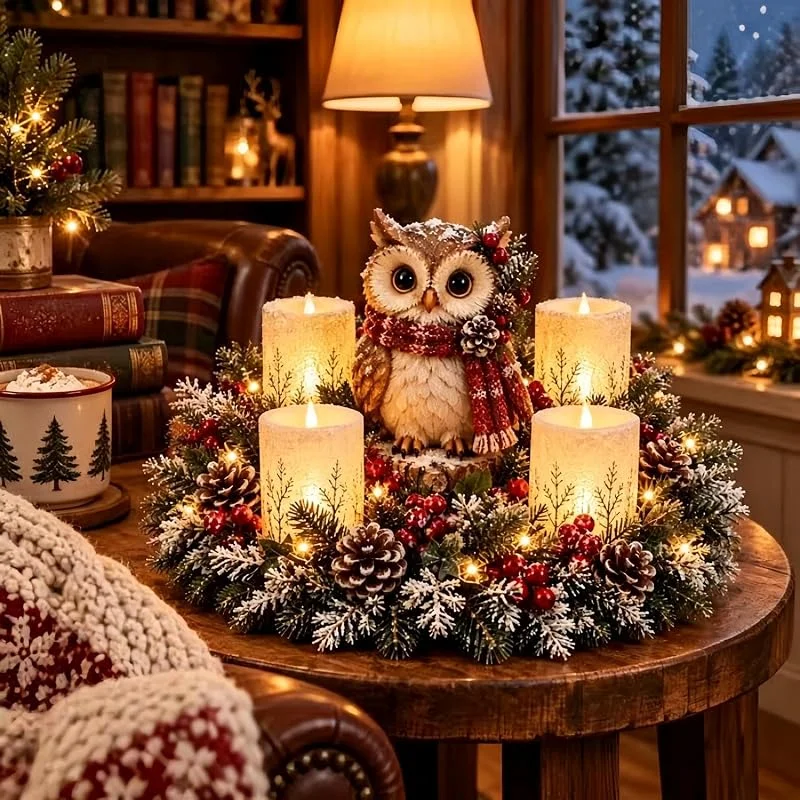 Marke: Generisch Beleuchtetes Weihnachtsdekoration Figur Eule Weihnachtsgesteck Weihnachtsbeleuchtung mit Tannenzweige Beeren Tannenzapfen Flammenlose Weihnachtskerzen Harz Weihnachts Tischdeko für Esstisch Kamin — Advent und Tisch