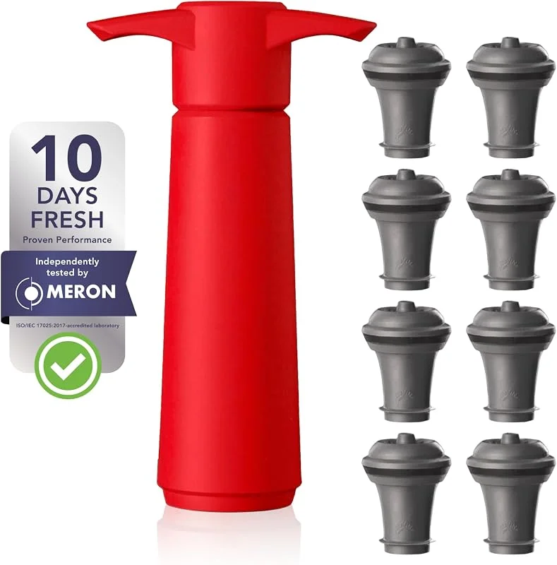 Besuche den Vacu Vin-Store Vacu Vin Wine Saver Weinpumpe, inkl. Vakuum-Weinstopfen - Rot - Halten Sie Ihren Wein bis zu 10 Tage frisch - 1 Pumpe 8 Stopfen - Wiederverwendbar - Hergestellt in den Niederlanden — Wein und Festtafel
