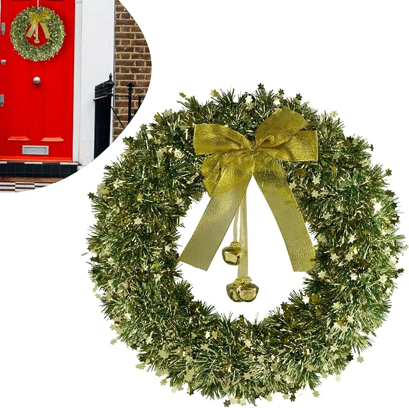 Marke: SRV Hub Großer Lametta-Kranz mit Glöckchen und Schleife, 42 cm, grüner Kunststoffrahmen, Wand-, Fensterdekoration, hängende Ornamente, Weihnachtskranz, Kiefer, Innenbereich, Haustür, Baumdekoration — Weihnachtsdeko