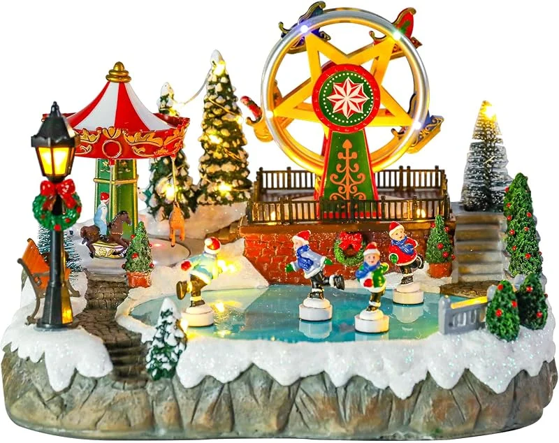 Marke: Bdor Bdor Weihnachtsdorf beleuchtete Dekoration mit Karussell, Riesenrad, Skatern, 29 x 26 x 19 cm, animierte Urlaubsszene mit Musik und LED-Lichtern für den Innenbereich — Weihnachtsdeko
