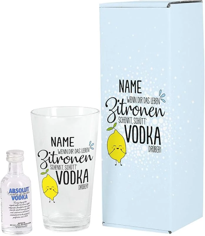 Besuche den Herz & Heim-Store Herz & Heim® Miniatur Absolut Vodka Geschenk-Set - Wenn Dir das Leben Zitronen schenkt, schütt Vodka drüber - mit Mini Vodka und bedrucktem Longdrinkglas — Geschenkverpackung