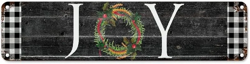 Marke: CowkissSign Vintage Weihnachtskranz Freude Aluminium Schild schwarz weiß Büffel kariert Retro Vintage Blechschild Neujahr Saisonales Metallschild Qualität Straßenschild für Veranda 61 x 15, 2 cm — Weihnachtsdeko