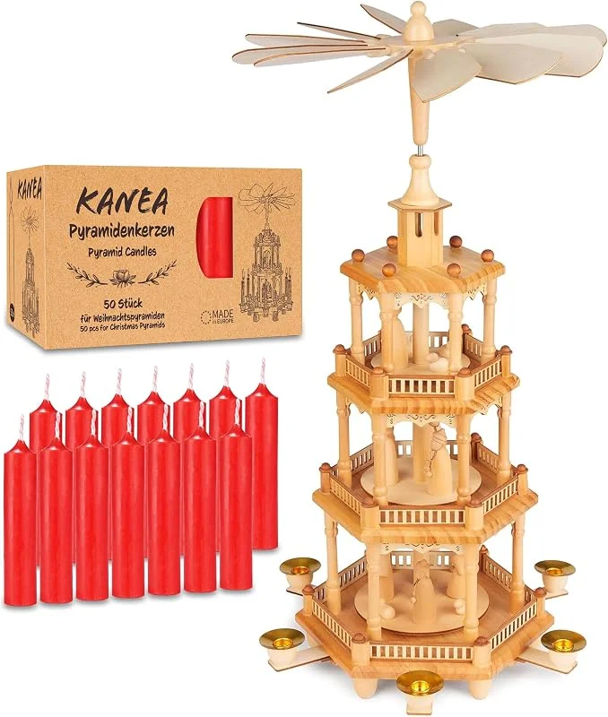Besuche den BRUBAKER-Store BRUBAKER Weihnachtspyramide aus Holz inkl. 50er Pack Pyramidenkerzen Rot - 55 cm große Holzpyramide für Weihnachten - Tischpyramide Drehbar - 4 Etagen - Handbemalt — Weihnachtsdeko