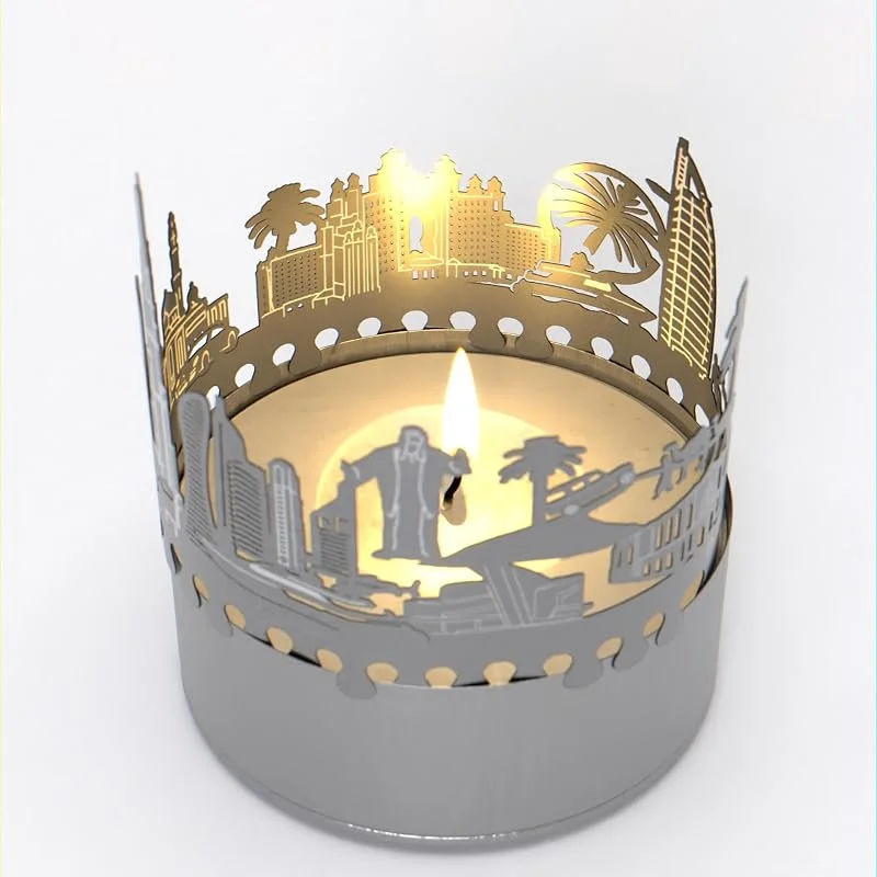 Marke: 13gramm Dubai Skyline Schattenspiel - Kerzenaufsatz für magisches Licht, Souvenir und Geschenk für Dubai Fans, Burj Khalifa, Dubai Mall, Palm Jumeirah, Burj Al Arab, elegantes Wohnaccessoire — Kerzenlicht Abendessen