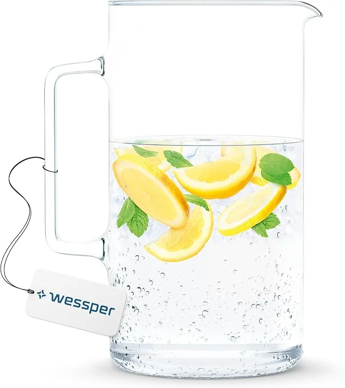 Besuche den Wessper-Store Wessper Glaskaraffe, Glas Krug, Wasserkaraffe, Eistee Krug, Saft Krug ca. 3 ltr. aus hitzebeständigem Borosilikatglas für hausgemachte Getränke, Eistee, Milch, Kaffee, Wein — Wein und Festtafel