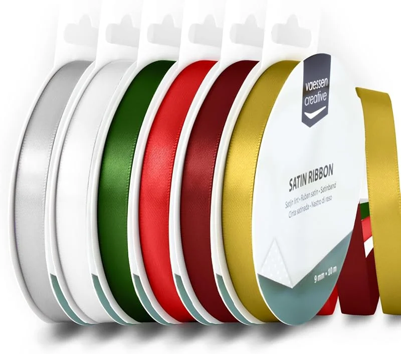 Besuche den Vaessen Creative-Store Vaessen Creative Satinband 9 mm x 10 m - Doppelseitiger Schleifenbänder und Dekoband zum Basteln - Geschenkband und Stoffbänder für Deko und Schateln - Weihnachten Farben Bunt - 6 Stück — Geschenkverpackung
