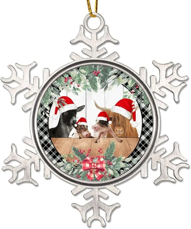 Marke: CowkissSign Metall-Baumschmuck, Ornamente, Grau, Schwarz, kariert, Weihnachtskranz, Metall, Schneeflocke, Weihnachtsdekoration, Bauernhof, Tier, Kuh, Schwein, Weihnachtsbaumschmuck für Babys und Kinder