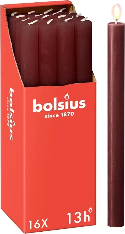 Besuche den bolsius-Store Bolsius - Rustik Stabkerzen - Bordeauxrot - 16 Stück - 27 x 2.3 cm - Länge Brenndauer 13 Stunden - Unparfümierte - Enthält Natürliches Pflanzenwachs - Ohne Palmöl — Kerzenlicht Abendessen