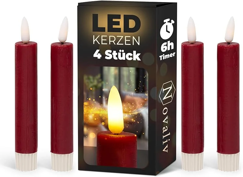 Besuche den Novaliv-Store Novaliv Stabkerzen LED mit Timer ROT 4 Stück Indoor 6 Stunden - ECHTWACHS 15cm Höhe für Kerzen 2, 2cm Durchmesser 2 AAA Batterien notwendig LED Stabkerzen flackernde Flamme bewegliche Flamme Licht — Advent und Tisch