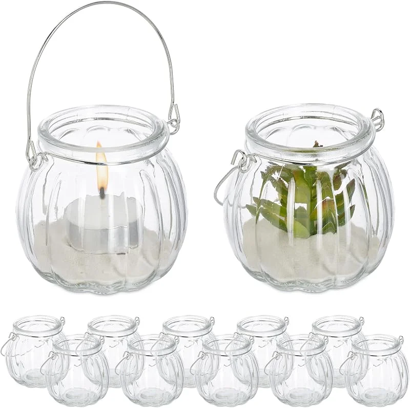 Besuche den Relaxdays-Store Relaxdays Windlicht Glas, 12er Set, Teelichthalter mit silbernem Henkel, HxD: 7, 5 x 8 cm, Kerzenglas, rund, transparent — Advent und Tisch