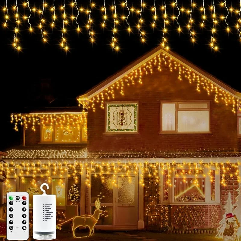 Besuche den DBFAIRY-Store DBFAIRY Weihnachten Eiszapfen Lichter Außen 6M 300 LED Vorhang Lichterkette Batteriebetrieben mit Fernbedienung 8 Modi Eiszapfen Lichterkette für Fenster Pavillon Balkon Dach Dekor - Warmweiß — Weihnachtsbeleuchtung