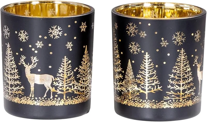 Besuche den levandeo-Store levandeo 2er Set Teelichthalter Schwarz Gold Winter Landschaft Glas Kerzenhalter Tischdeko Weihnachten Kerzen Deko Wohndeko Kerzenglas — Advent und Tisch