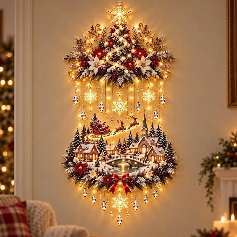 Marke: Generisch Heller Weihnachtsbaum und Dorf zum Aufhängen an der Wand, warme Wasserfall-Lichter für Wohnzimmer, Eingänge und Treppen, Weihnachtsmann, Rentierschlitten, gemütliche Heimdekoration (1 Stück) — Weihnachtsdeko
