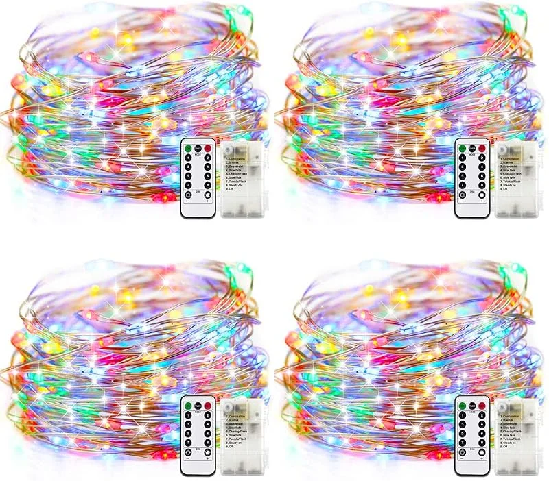 Marke: RcStarry 4 Stück Batterie Lichterketten Außen 100 LEDs 10 Meter IP68 Wasserdicht 8 Modi mit Fernbedienung und Timer DIY Dekoration Silberdraht für Weihnachten, Garten, Hochzeit - Bunt — Weihnachtsbeleuchtung