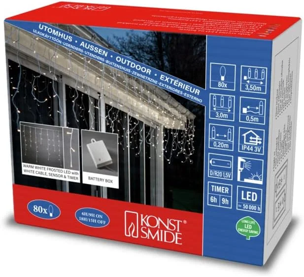 Besuche den Konstsmide-Store Konstsmide LED Eisregen Lichtervorhang, mit Lichtsensor und 6h und 9h Timer, gefrostet, 80 warm weiße Dioden, batteriebetrieben, Außen (IP44), weißes Kabel - 3739-132 — Weihnachtsbeleuchtung
