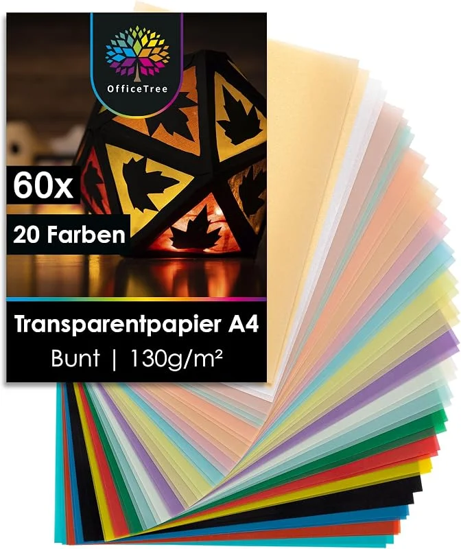 Besuche den OfficeTree-Store OfficeTree 60x Transparentpapier Bunt A4 – 20 Farben - 130 g, m² - Extra Stark - Pergamentpapier Bunt inkl. Gold & Silber - Buntes Transparentpapier zum Basteln von Fensterbildern Laternen — Wein und Festtafel