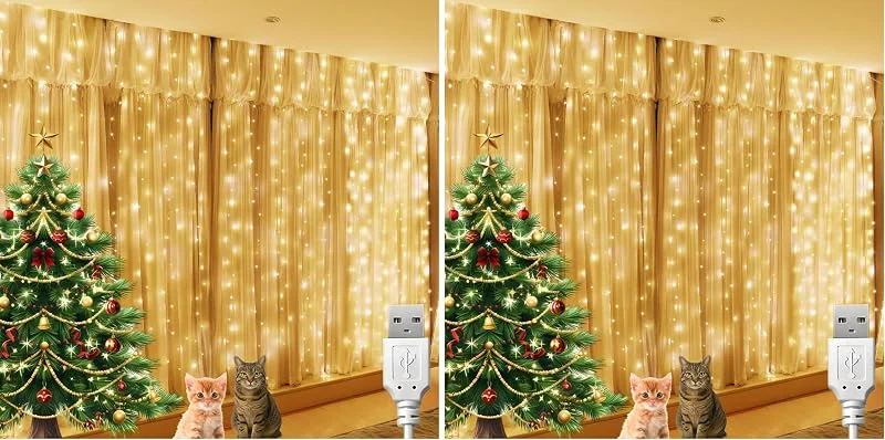 Besuche den BG9D-Store Lichtervorhang Innen, Lichtervorhang 1.2x1.2M Lichterkette Vorhang 120LED mit 12 Haken für Hochzeit, Weihnachten Party, Weihnachten, Terrasse, Innen und außen Deko (Packung mit 2) — Weihnachtsbeleuchtung
