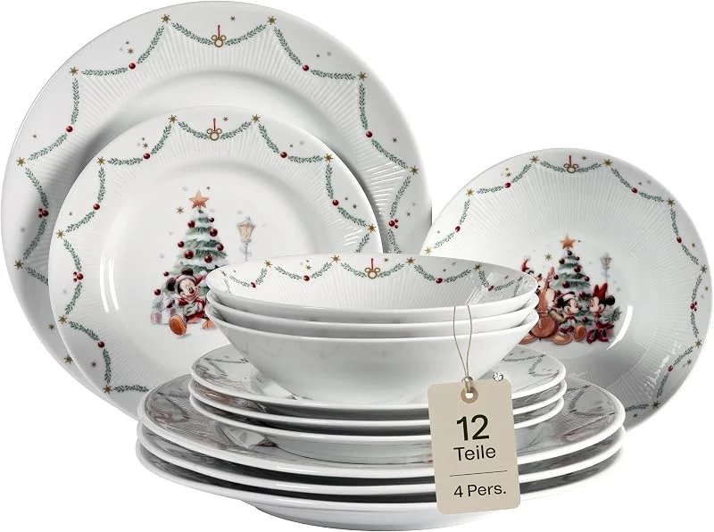 Besuche den Fyrklövern-Store Fyrklövern Disney Weihnachten Geschirr-Set 12-teilig – Speiseservice für 4 Personen inkl. Essteller, Kuchenteller & Schalen – Offiziell Lizenziert – Porzellan Tellerservice mit Micky & Freunde — Advent und Tisch