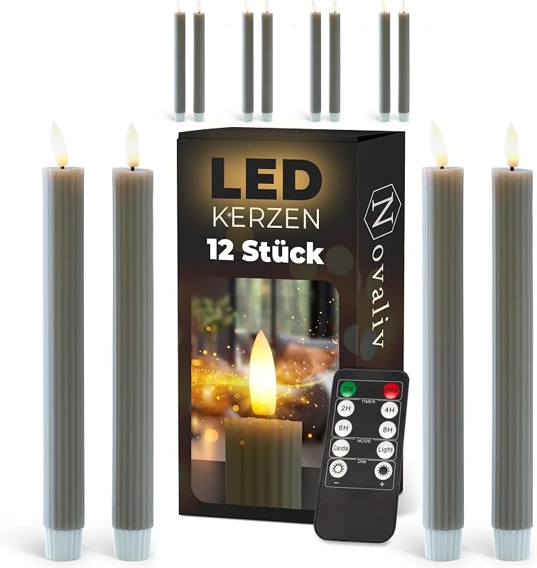 Besuche den Novaliv-Store Novaliv Stabkerzen LED mit Timer TAUPE GRAU 12 Stück indoor 6 Stunden ECHTWACHS gerippt 23cm Höhe für Kerzen 2, 2cm Durchmesser 2 AAA Batterien notwendig LED Stabkerzen 2er Set 3x bewegliche Flamme — Kerzenlicht Abendessen