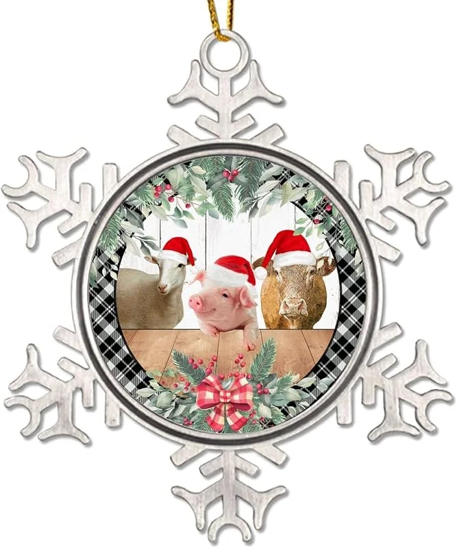 Marke: CowkissSign Weihnachten Bauernhof Tier Kuh Schwein Metall Schneeflocke Ornamente für Weihnachtsdekorationen Grau Schwarz Karo Weihnachtskranz Weihnachtsschmuck 7, 6 cm Weihnachtsdekoration für Baum