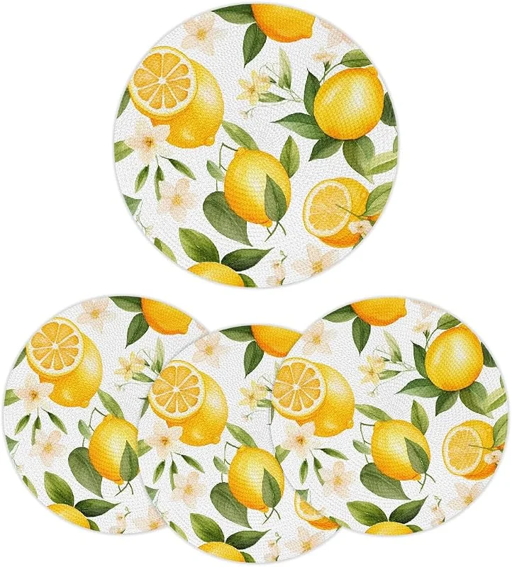 Marke: Mexpekil Mexpekil Runde Tischsets mit gelben Zitronenfrüchten, 4 Stück, rutschfest, hitzebeständig, gewebte Tischsets für Esstisch, waschbare Küchentischmatten, moderne Dekoration für Hochzeit, Weihnachten — Küche & Haushalt