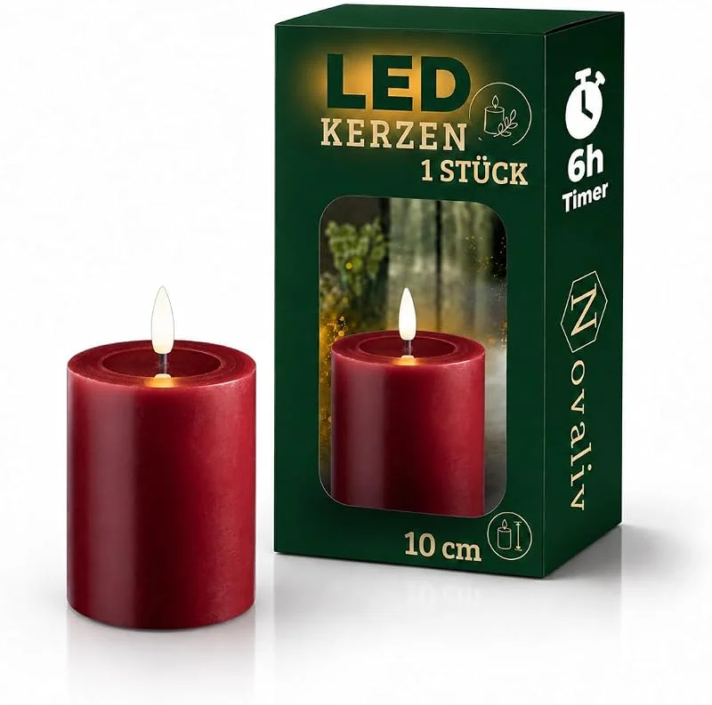 Besuche den Novaliv-Store Kleine LED Stumpenkerze mit Timer rot 7, 5cm ø, 10cm H, Echtwachspiegel ON, OFF-Timer 6H, 2 AA Batterien nötig LED Echtwachskerze mit Flackereffekt flammenlose Stumpenkerze LED Kerze schmal und klein — Advent und Tisch