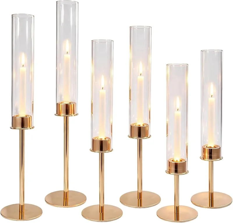 Besuche den GLOBLELAND-Store GLOBLELAND 6 Stück 3 Größen Hellgoldene Windlichter Aus Glas Hohe Kerzenständer Aus Eisen Mit Transparentem Deckel Für Hochzeitsfeiern Weihnachten Esszimmerdekoration — Kerzenlicht Abendessen