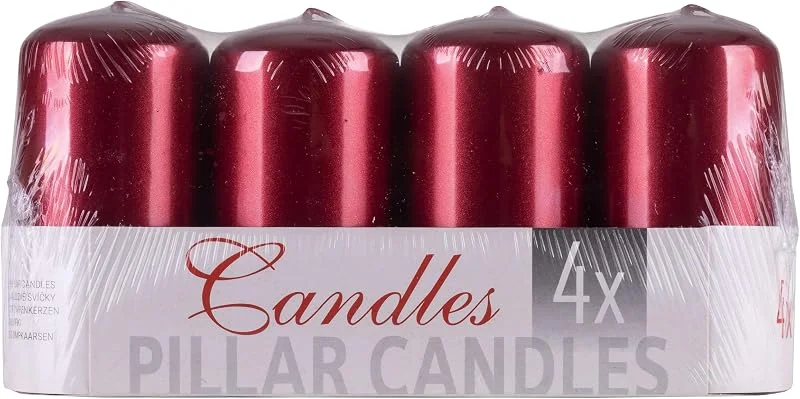 Besuche den DONAU HOME-Store Set Kerze Säule Standard Lack, Paraffinkerze 50x100mm, 4 Stück, Rot Metallic-Glanz, Tafelkerzen Zur Dekoration, Deko Kerzen — Kerzenlicht Abendessen