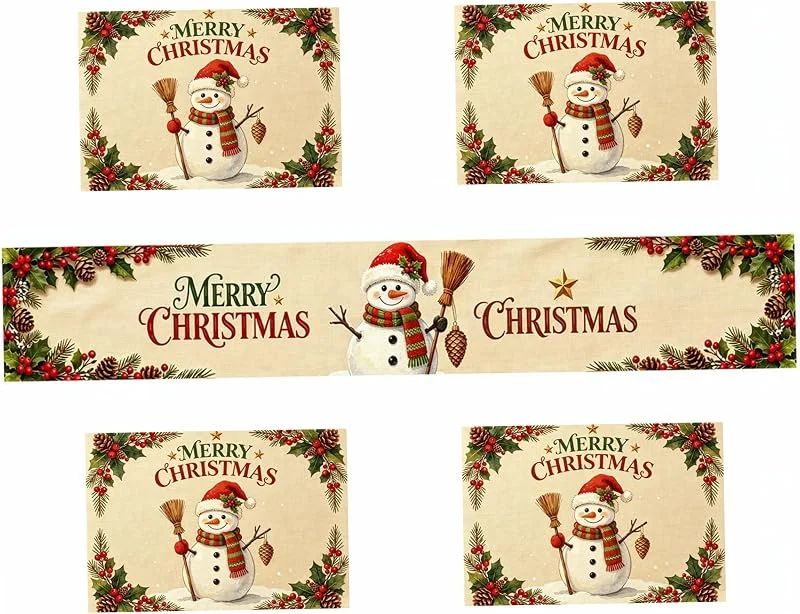 Marke: Pesoncarl Set aus weihnachtlichen Tischläufern und Tischsets aus Stoff, 5er-Pack, Weihnachtstischdekoration mit Schneemannmuster für die Weihnachtsfeier in der Küche zu Hause — Küche & Haushalt