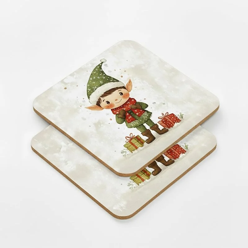Besuche den Cimpress-Store Cimpress Weihnachts Korkuntersetzer quadratisch 9, 5x9, 5 cm, 2 Stück, Weihnachtswichtel mit Geschenken Motiv, glänzend Bedruckt, rutschfest, Geschenkidee zu Advent, Nikolaus, Christmas Tischdeko — Advent und Tisch