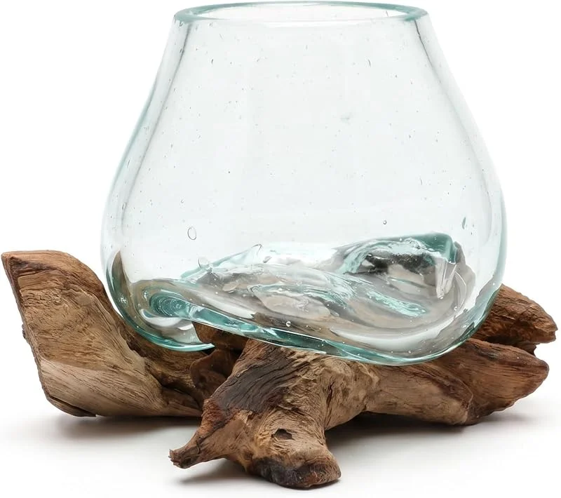 Marke: alpa living Windlicht Glas auf Wurzelholz – Teelichthalter aus mundgeblasenem, recyceltem Glas, handgefertigtes Unikat, ca. 14 cm, Natur-Deko für Wohnzimmer & Tisch, Japandi Boho — Advent und Tisch