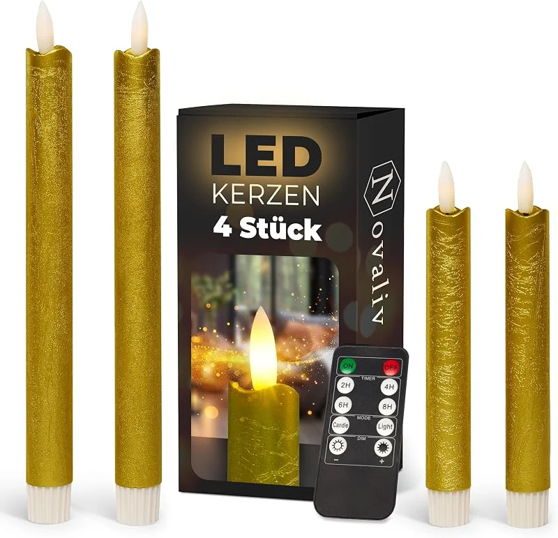 Besuche den Novaliv-Store Sparset Stabkerzen LED mit Timer Klein+Groß GOLD 4 Stück GOLD indoor - 6 Stunden - ECHTWACHS 18cm+23cm Höhe für Kerzen 2, 2cm Durchmesser 2 AAA Batterien notwendig LED Stabkerzen flackernde Flamme — Advent und Tisch