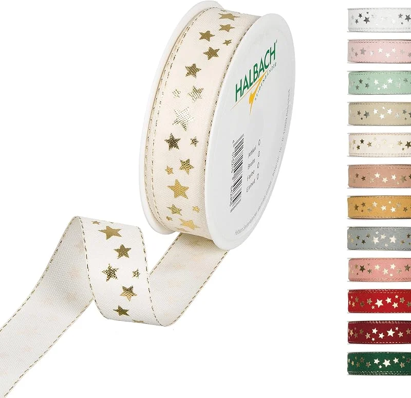 Besuche den Halbach-Store Halbach Weihnachtsband mit Sternen, 25 mm x 18 m, creme, gold — Geschenkverpackung