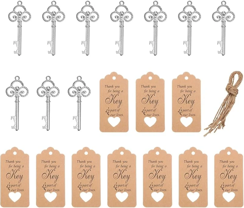 Besuche den PATIKIL-Store PATIKIL 10 Stück Vintage-Schlüssel-Flaschenöffner, Hochzeitsfeier, Souvenir, Geschenk-Set mit Dankeschön-Etikett, Organza-Beutel, Seil für Gäste, Silber — Wein und Festtafel