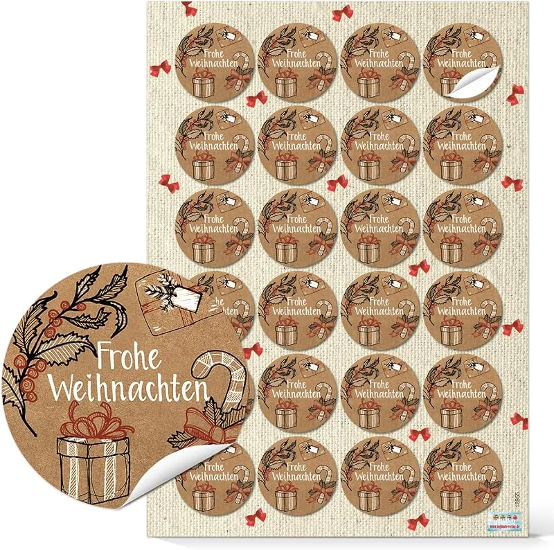 Besuche den Logbuch-Verlag-Store 24 Weihnachtsaufkleber in Rot und Braun, 4 cm, Vintage Sticker Frohe Weihnachten für Geschenke und Verpackungen, Made in Germany — Geschenkverpackung