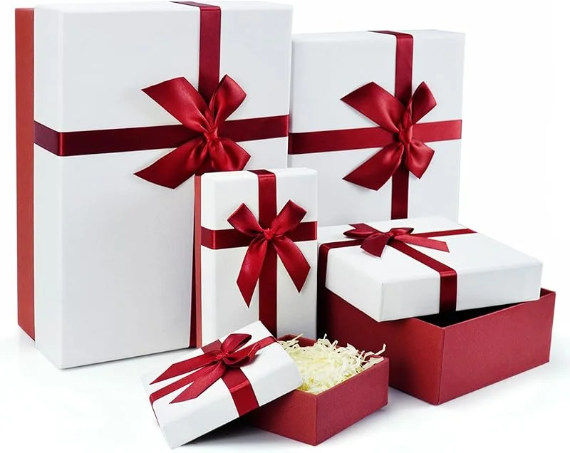 Marke: Eerbaier Geschenkbox für Geschenk, 5er Set Geschenkboxen mit Deckel, stabile und elegante Boxen für Geschenke, rote Geschenkboxen mit Band für Geburtstag, Jubiläen, Hochzeiten usw. (Rot, Weiß) — Geschenkverpackung