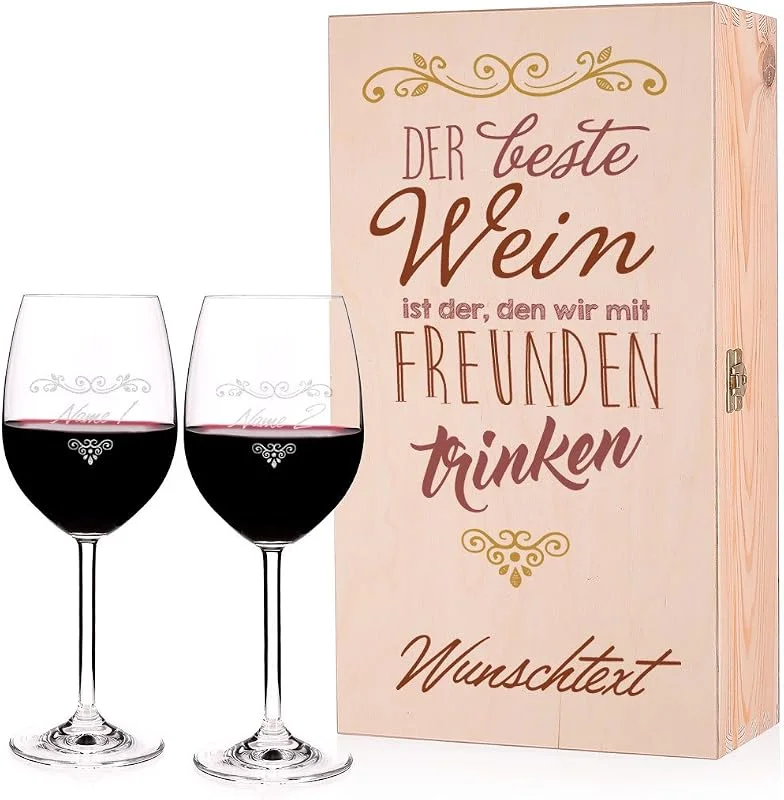 Besuche den Herz & Heim-Store Leonardo 2 gravierte Weingläser - Motiv Beste Freunde - in beeindruckender Holzverpackung — Wein und Festtafel