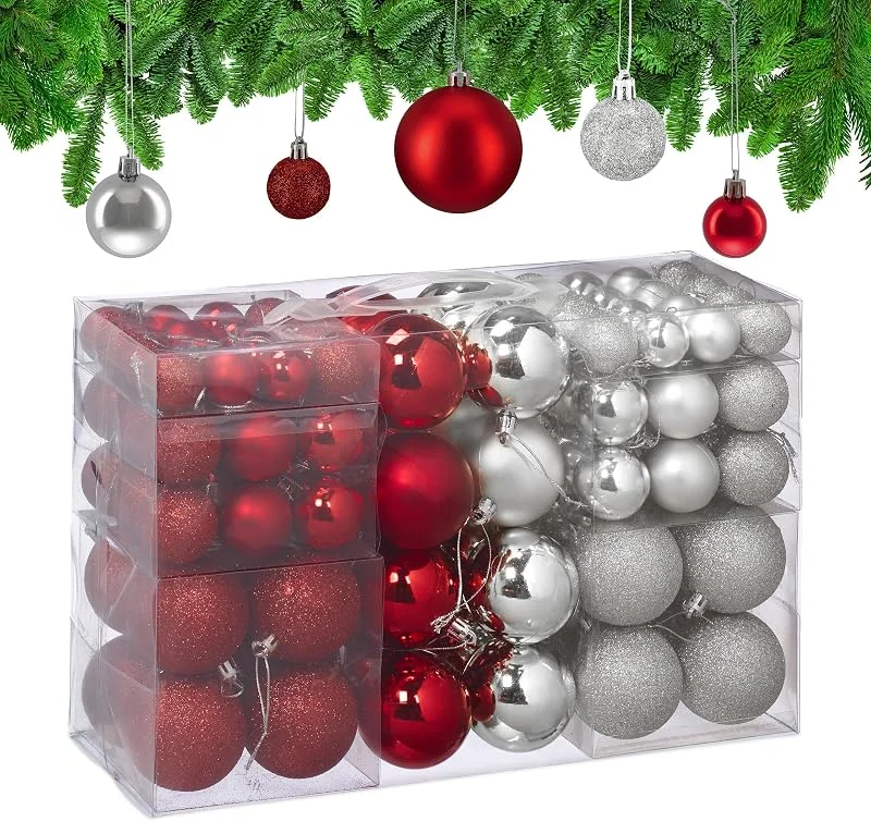 Besuche den Relaxdays-Store Relaxdays Weihnachtskugeln 100er Set, Weihnachtsdeko, matt, glänzend, glitzernd, Christbaumkugel ∅3, 4 & 6cm, Silber, rot