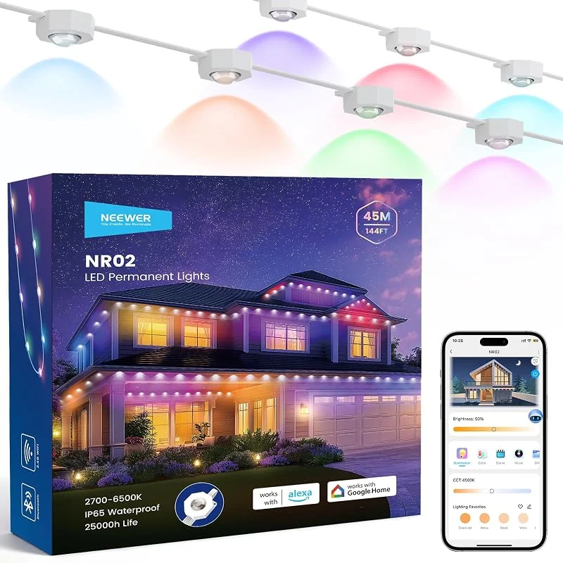 Besuche den NEEWER-Store NEEWER 144ft Dauerbeleuchtung für Hausdekoration, Smart AI RGB IC CW Außenleiste Weihnachtsbeleuchtung, 90 LED Lichter, App Steuerung 50+ Szenen IP65 wasserdicht, kompatibel mit Alexa, NR02