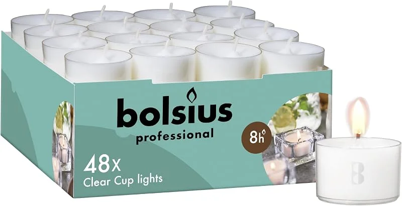 Besuche den bolsius-Store bolsius Genuine Tea Light Candles in Clear Holder Cups Bulk 48 Set. Long Burning 8hr, Unscented, for Mood, Dinners, Parities, Home, Decoration, Wedding, Crafts, Weiß — Advent und Tisch