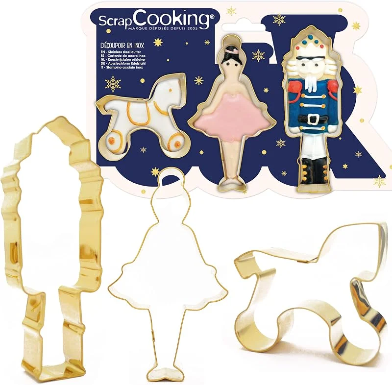 Besuche den ScrapCooking-Store ScrapCooking – 3 Ausstechformen für Nussknacker – Ausstechformen aus Edelstahl vergoldet – Nussknacker, Tänzerin & Pferd – Formen für kleine Kuchen – Zubehör für Gebäck Weihnachten Geburtstag Deko – 2087 — Weihnachtskueche