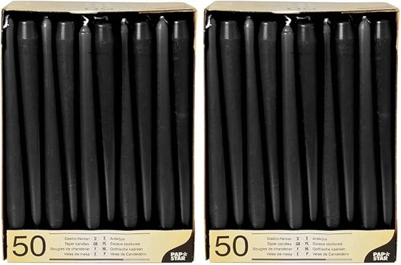 Besuche den PAPSTAR-Store Papstar Leuchterkerzen, Halterkerzen schwarz (50 Stück) Durchmesser 2.2 cm, Länge 25 cm, lange Brenndauer, rußfreies Abbrennen, für Gastronomie, Feste, Haushalt, #10392 (Packung mit 2) — Kerzenlicht Abendessen