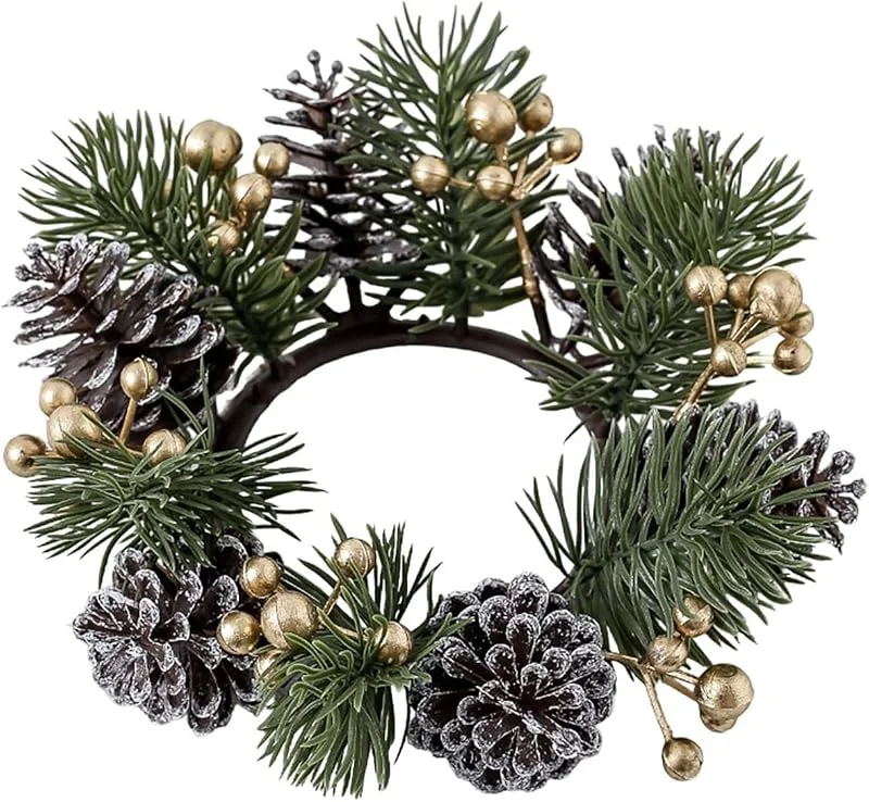 Marke: Generic Weihnachtlicher Duftkerze Leuchter Kranz für Tabletop Heimdekoration mit Simulation Tannenzapfen als Festliche Verschönerung (Gold, 20x20cm) — Kerzenlicht Abendessen