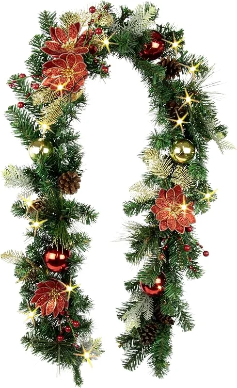 Besuche den Flair Flower-Store Tannengirlande mit LED-Lichterkette Magnolien Zapfen Tannenbaum-Kugeln Beeren Tanne Künstliche Deko Girlande Kette Tannen-Girlande Weihnachtsgirlande Weihnachtsdeko Deko X'Mas