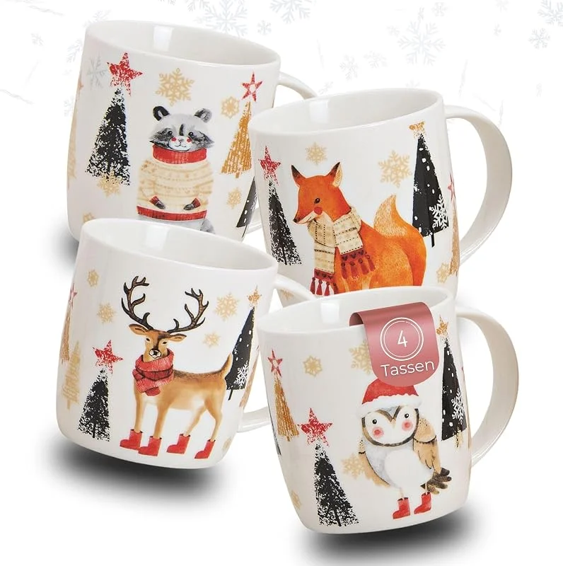 Besuche den matches21 HOME & HOBBY-Store Schönes Ambiente Weihnachtstassen 4er Set - große 300 ml Kaffee-Tassen mit lustigen Tier Weihnachtsmotiven — Advent und Tisch